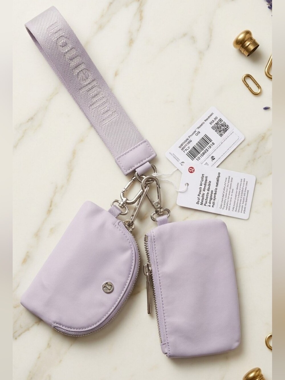 Lululemon Faint Lavender Dual Pouch Wristlet Metallic Wordmark Silver Hardware